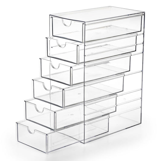 Hipiwe Plastic Drawer Organizer Desktop Storage Box with 6 Pull Out Drawers | Clear Compact Drawers Box for Cabinet Vanity Bathroom Bedroom Pantry Shelf Office Closet Organization