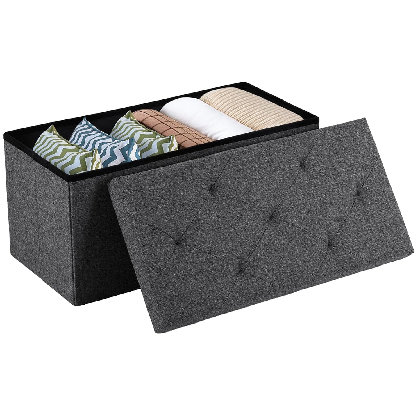 Sweetcrispy 30 Inch Folding Storage Ottoman Bench, Ottoman with Storage | Large Hidden Storage Chest with Padded Seat, Foot Rest Stool, End of Bed Bench for Bedroom, Living Room, Linen Fabric, Gray
