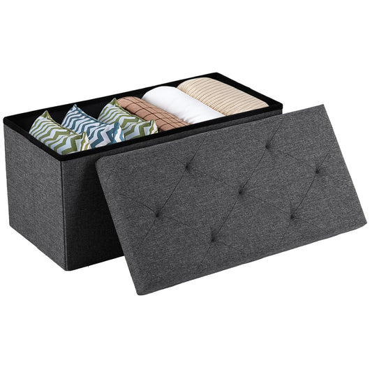 Sweetcrispy 30 Inch Folding Storage Ottoman Bench, Ottoman with Storage | Large Hidden Storage Chest with Padded Seat, Foot Rest Stool, End of Bed Bench for Bedroom, Living Room, Linen Fabric, Gray
