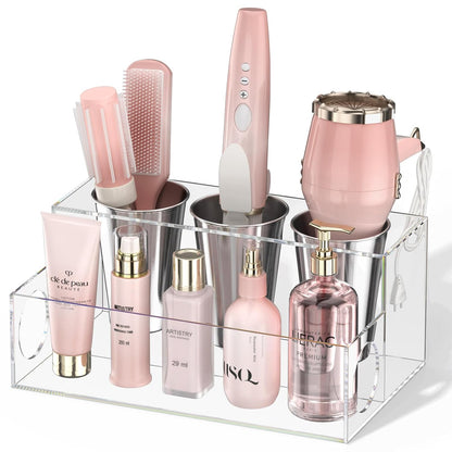 NIUBEE Acrylic Hair Tool Organizer,Hair Dryer Holder Countertop with 3 Cups | Clear, Hot Tools Organizer, Hair Blow Dryer Organizer for Curling Iron, Brush, Straightener, Makeup,Skincare,Vanity, Bathroom