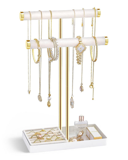 Lolalet 2-Tier Necklace Holder Display, Jewelry Stand with Ring Tray -White | Velvet Wrapped Jewelry Organizer, Tall Bracelet Stand for Bangles Watches Earrings, Gifts for Mom Girls Women Mother's Day