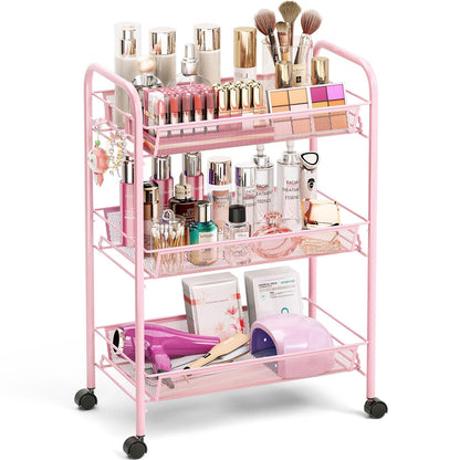 TOOLF 3 Tier Rolling Cart, Metal Utility Storage Cart with Wheels, Pink | 3 Hooks, Screwless Assembly, Trolley Organizer for Bathroom, Kitchen, Office, Nursery, Dorm, Laundry Room