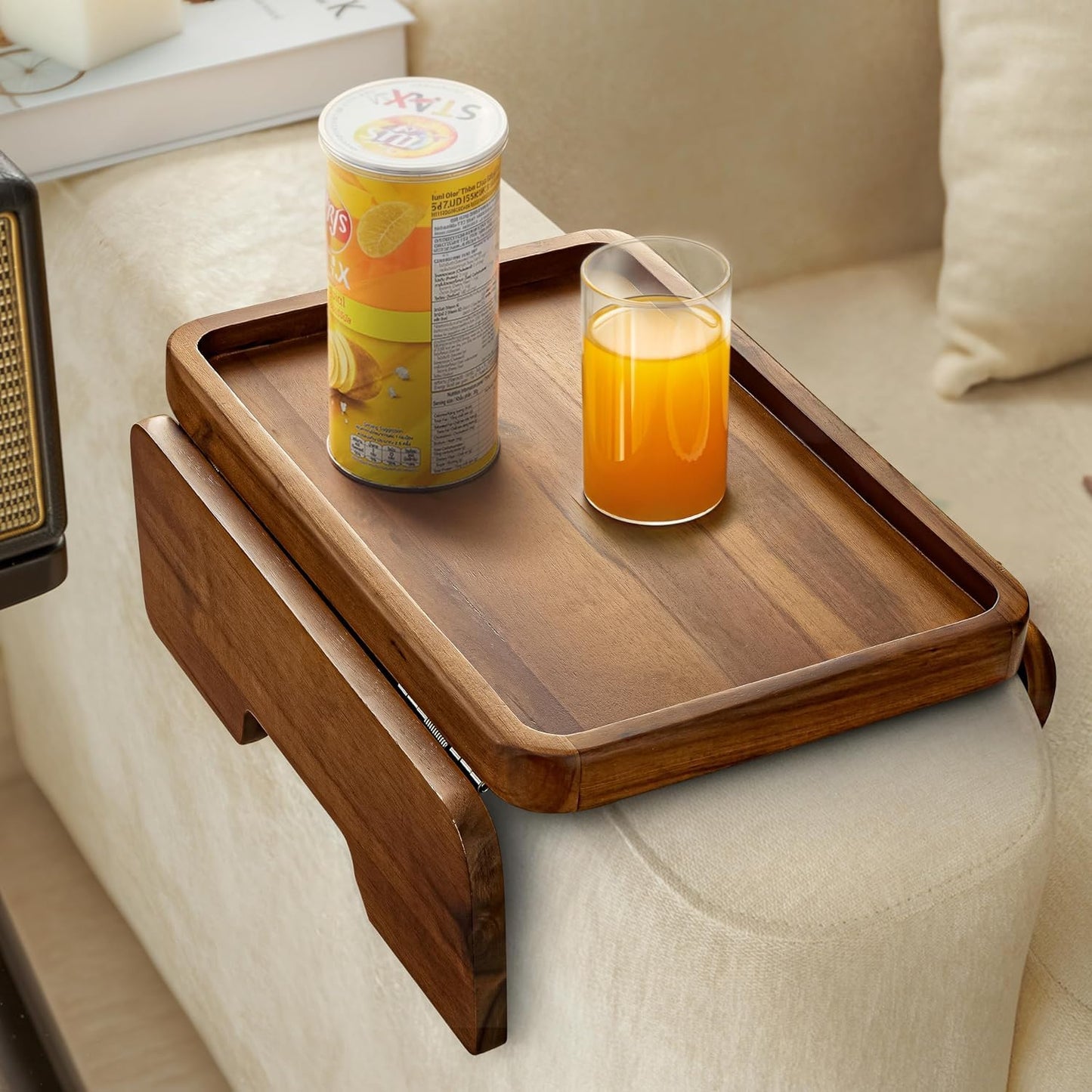 13.75" Acacia Sofa Arm Tray Table, Double Hinge, Natural Wood Color | Solid Acacia Wood, Spacious Surface, Clips Securely with Double-hinge Grip, Foldable & Portable, Multipurpose, No Assembly