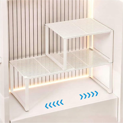 Extendable Metal Wire Shelf Organizer - Adjustable 15-24.4in Length, Stackable Storage Rack for Kitchen/Pantry/Bathroom/Shoe Cabinet/Tool Closet (2, White)