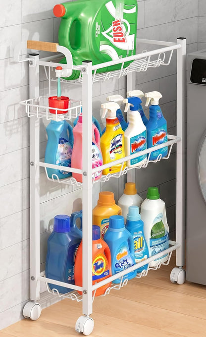 Laundry Room Cart with Top Detergent Holder, Metal Rolling Storage Cart Between Washer and Dryer, 3 Tier Narrow Laundry Room Organization and Storage with Wheels (White)