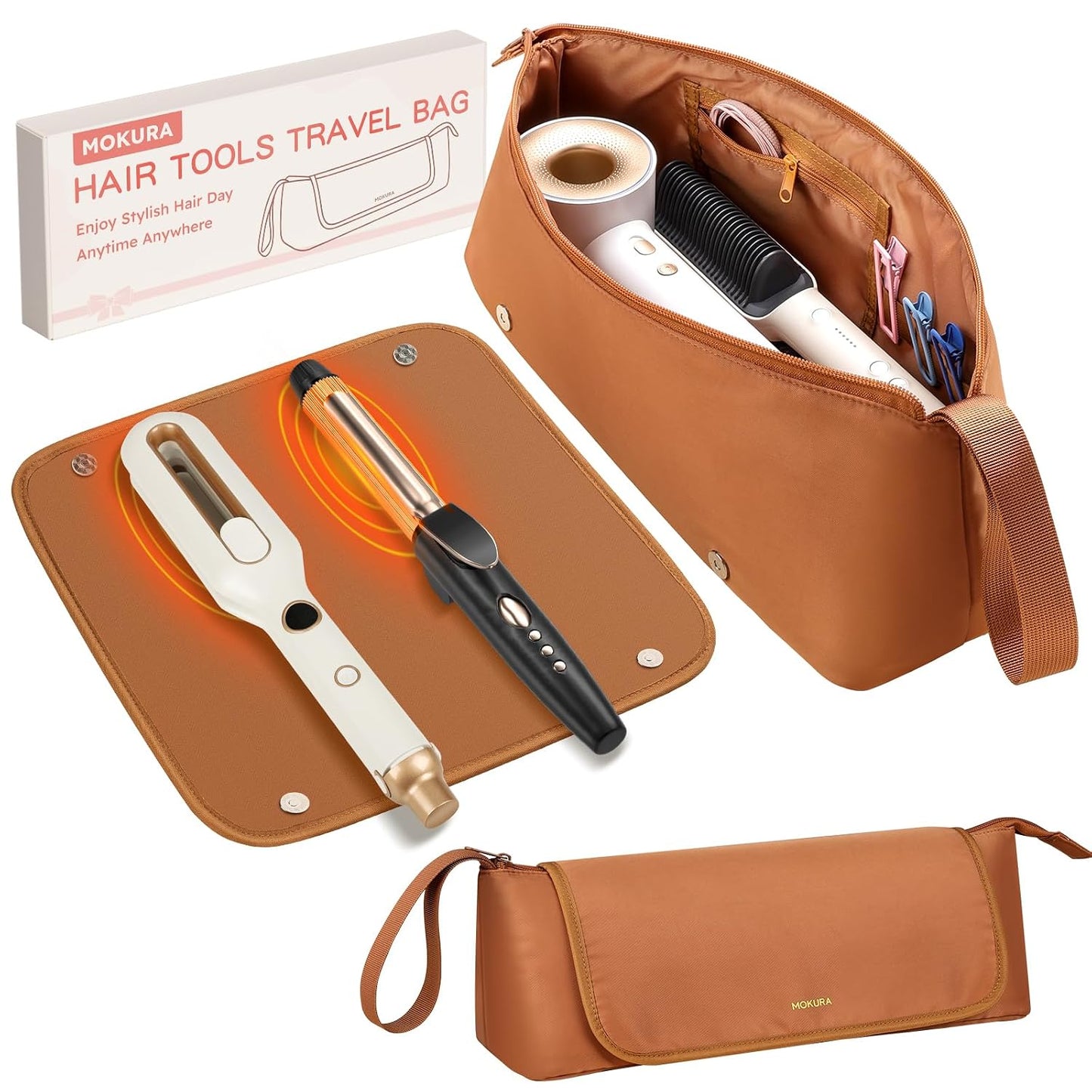 MOKURA Hair Tools Travel Bag with Heat Resistant Mat Fits Curling Iron | Hot Hair Accessories Organizer Case, Women Travel Essentials, Storage Pouch for Flat Iron Hair Dryer, Brown