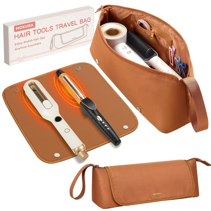 MOKURA Hair Tools Travel Bag with Heat Resistant Mat Fits Curling Iron | Hot Hair Accessories Organizer Case, Women Travel Essentials, Storage Pouch for Flat Iron Hair Dryer, Brown