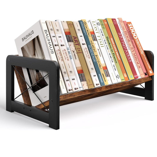Desktop Bookshelf Organizer, Wood Slanted Desk Boo... (Rustic Brown | Iron, Wood)