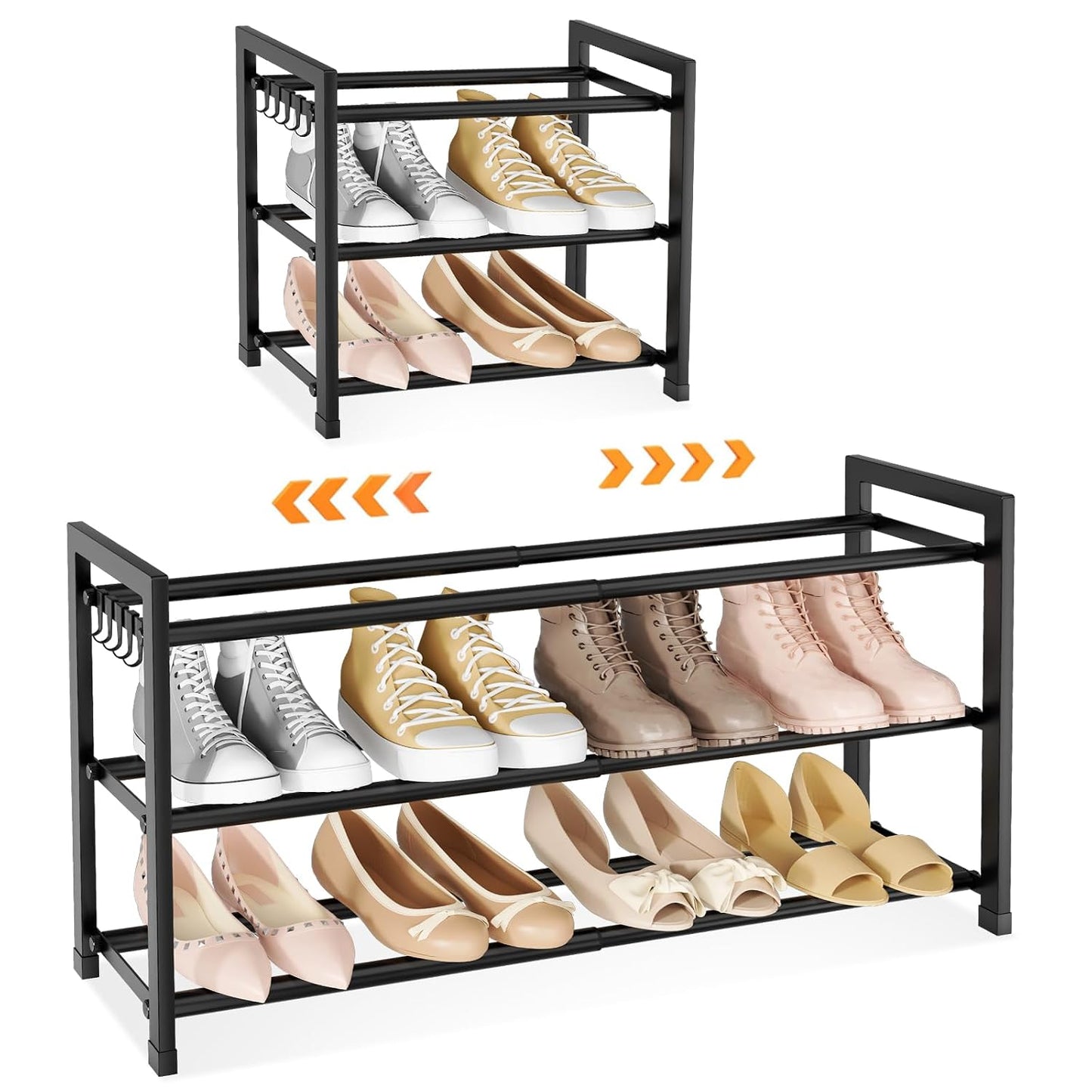LANTEFUL 3-Tier Expandable Shoe Rack for Closet, Adjustable 18"-33" Metal Shoe Organizer for 12 Pairs, Shoe Shelf for Small Spaces, Entryway, Bedroom with 5 Hooks