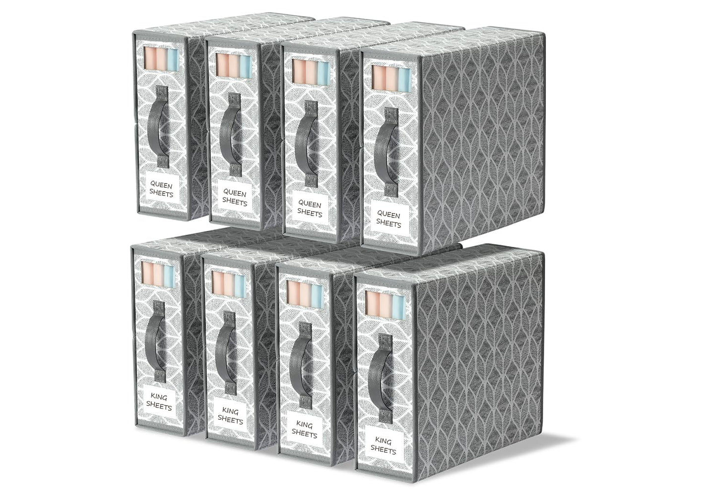 Yecaye Sheet Organizers and Storage, Linen Closet Organizer, 8 Pack, Grey | Foldable Fabric Organizers with Clear Window, Labels and Handles for Queen & King Sheet Sets, Duvet Covers and Pillowcases