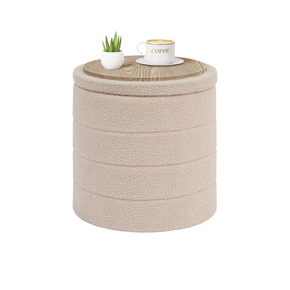 Round Storage Ottoman Foot Rest Stool with Tray Velvet Sherpa Folding Storage Ottoman,Boucle Foot Rest for Living Room, Bedroom, Dorm,Beige Color