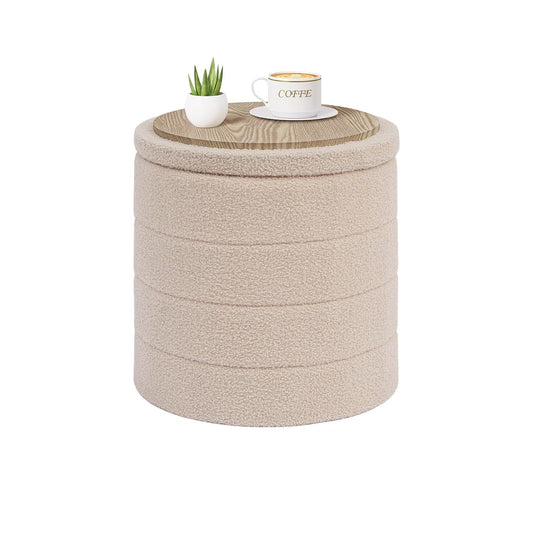 Round Storage Ottoman Foot Rest Stool with Tray Ve... (Beige | Engineered Wood)