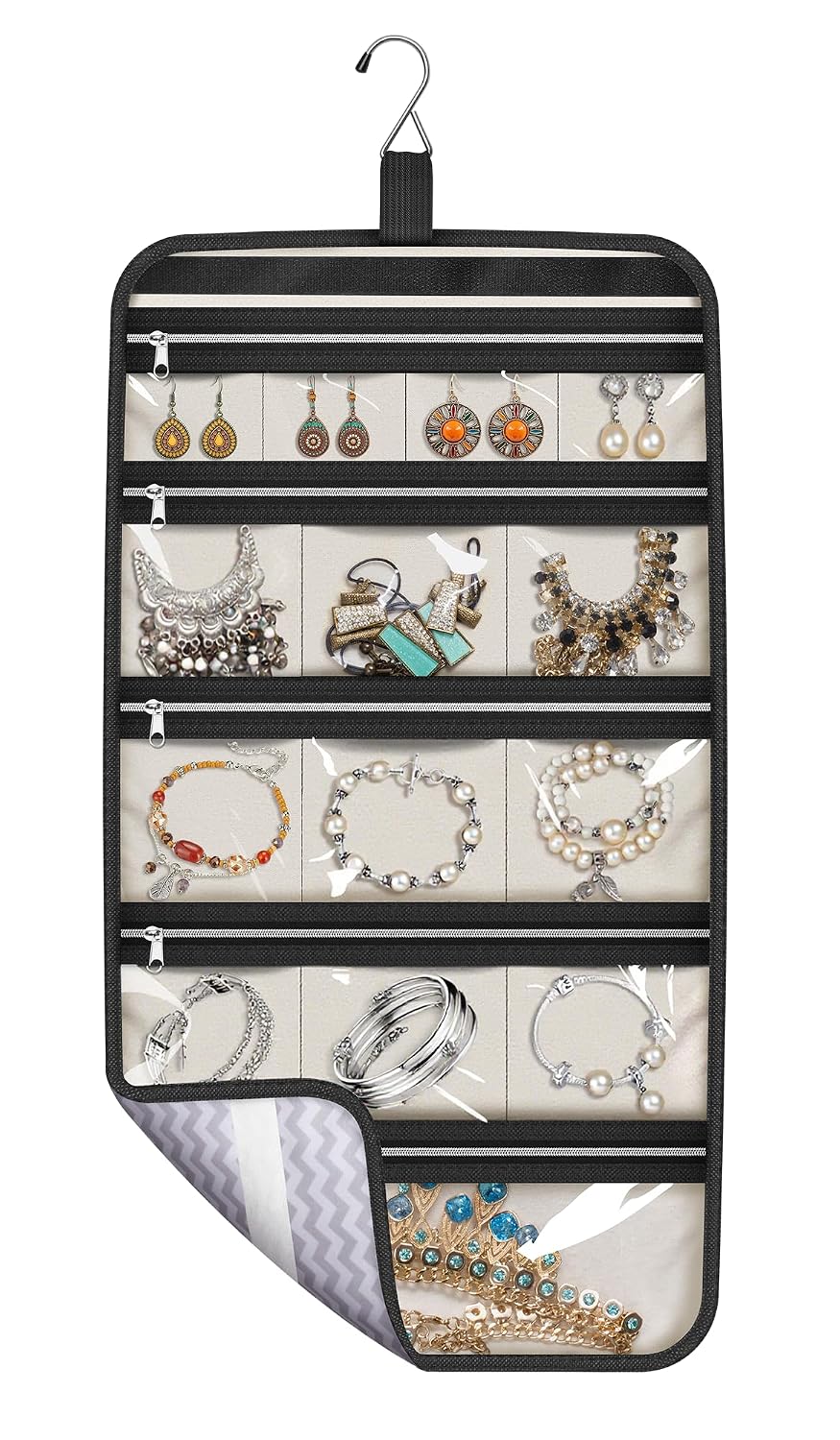 MISSLO Hanging Jewelry Organizer Travel Foldable Jewelry Roll Storage Case with 14 Cotton Zippered Pockets for Traveling, Closet, Suitcase