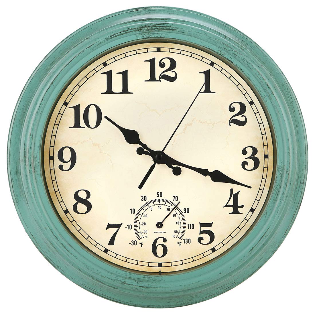 12 Inch Indoor/Outdoor Retro Waterproof Wall Clock with Thermometer,Vintage Battery Operated Silent Non Ticking Quartz Clock Wall Decorative for Kitchen/Bedroom/Living Room/Bathroom/Patio-Olive green