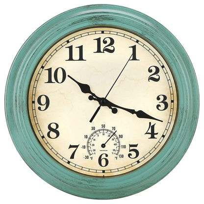 12 Inch Indoor/Outdoor Retro Waterproof Wall Clock with Thermometer,Vintage Battery Operated Silent Non Ticking Quartz Clock Wall Decorative for Kitchen/Bedroom/Living Room/Bathroom/Patio-Olive green