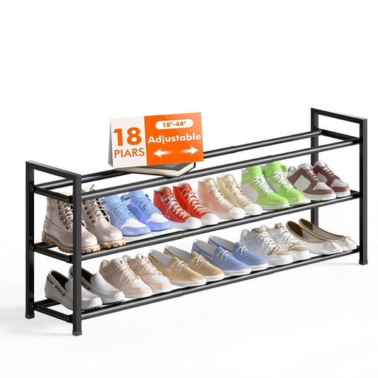 Bumusty 3 Tier Long Expandable Shoe Rack for Closet, Black | 18"-44" Adjustable Shoe Rack for Entryway, Shoe Organizer for Dorm, Front Door, Sturdy Metal