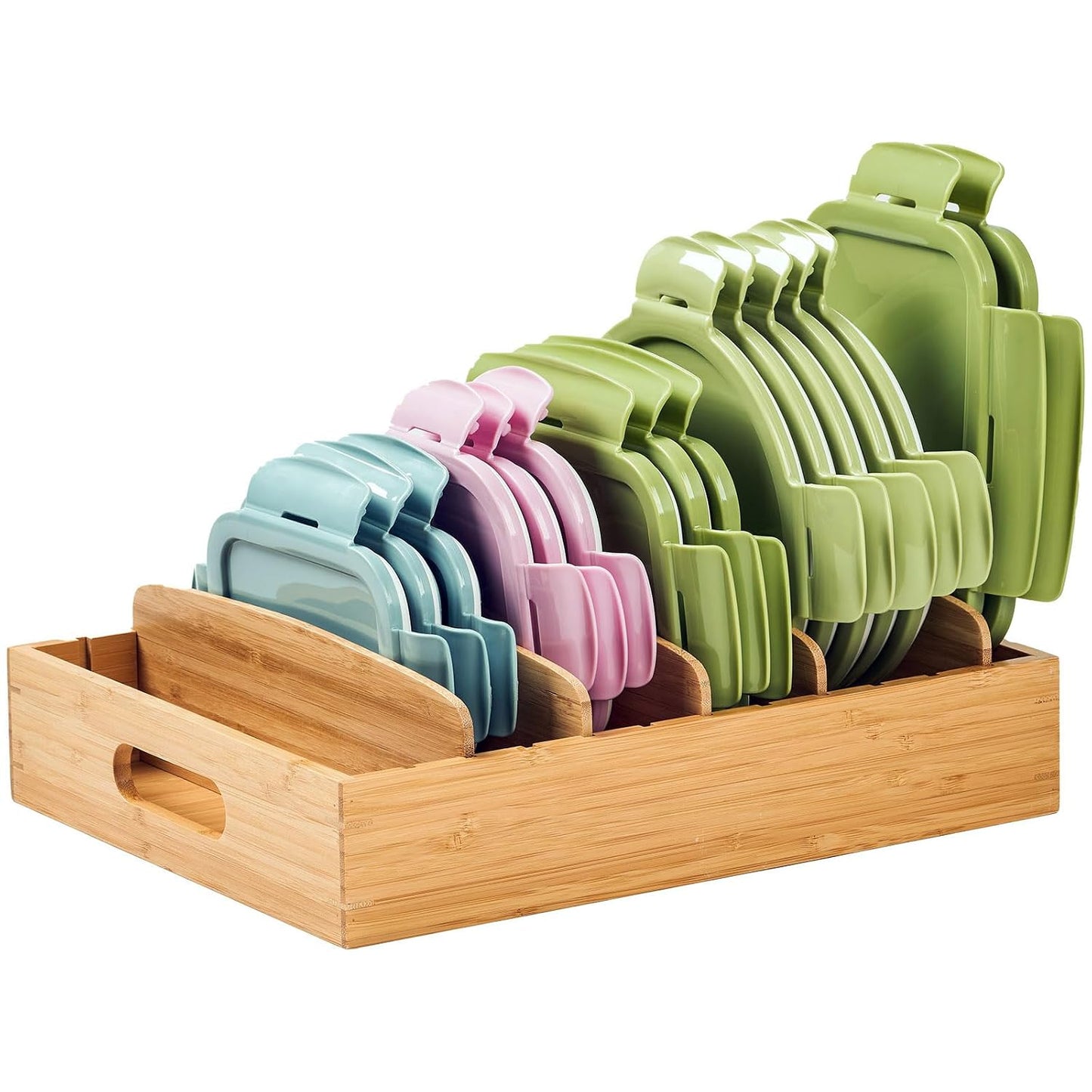 Large Bamboo Food Container Lid Organizer for Kitchen Cabinet | Adjustable slots - Premium bamboo, pretty color - Sturdy versatile caddy for snack, spice in drawer - Anti-Skid Silicone Pads
