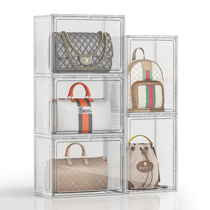 5 Pack Purse Organizer for Closet, Handbag Storage Organizer Stackable Display Case with Magnetic Door, Closet Storage Bins for Handbag, Purse, Backpack, Collectibles, White
