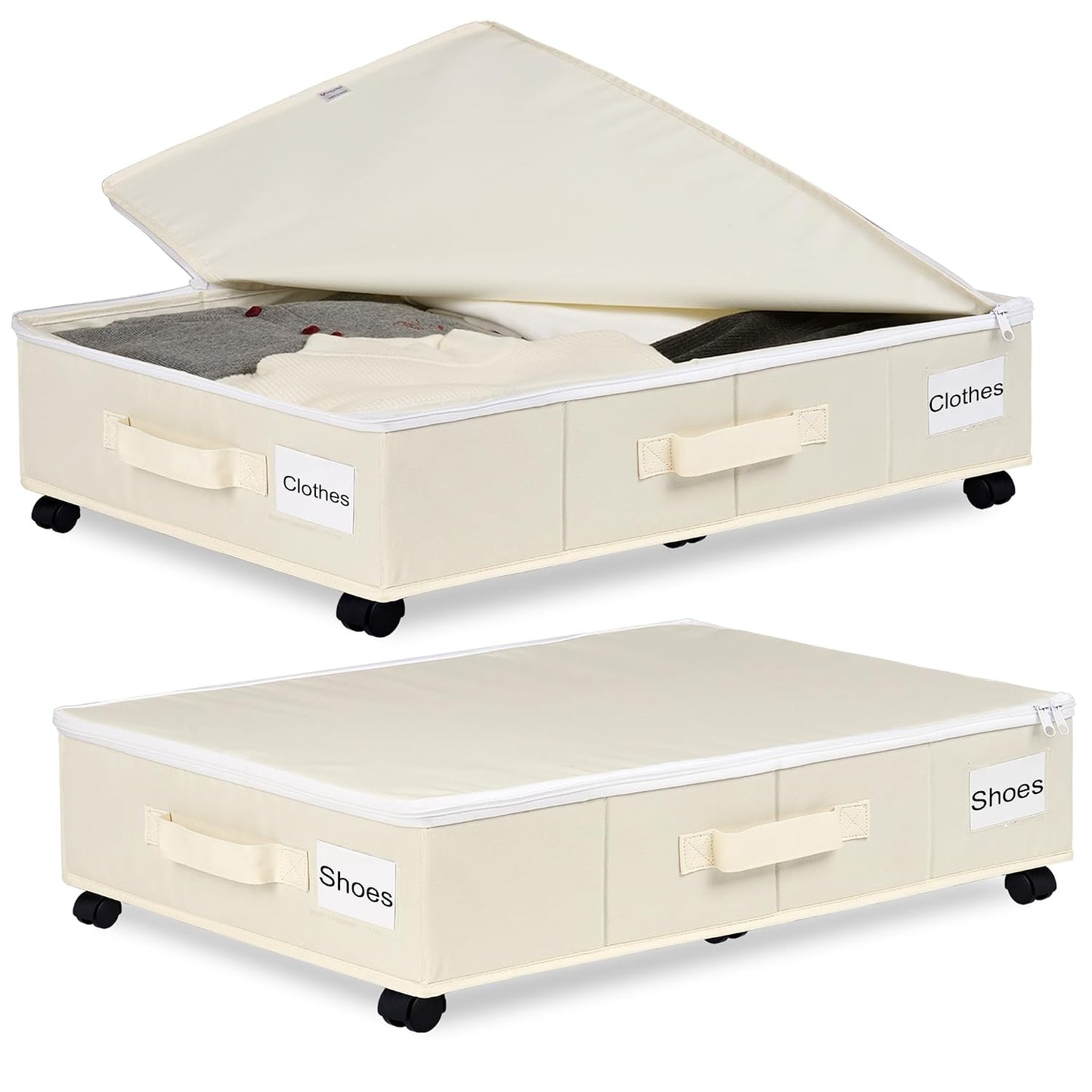 Under Bed Storage with Wheels, 2 Pack Under Bed Storage Containers with Label Holders for Clothes, Shoes and Blankets, Rolling Underbed Shoe Organizer with Cover, Beige (30.71x15.7x7.28 in)