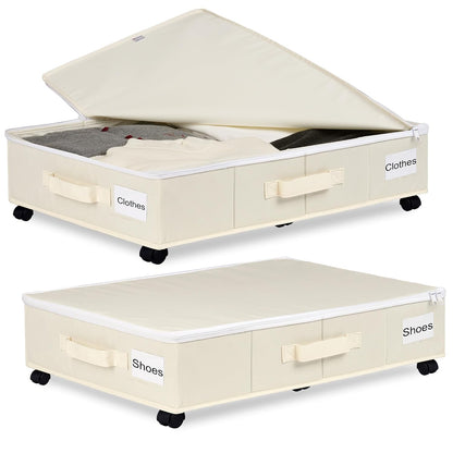 Under Bed Storage with Wheels, 2 Pack Under Bed Storage Containers with Label Holders for Clothes, Shoes and Blankets, Rolling Underbed Shoe Organizer with Cover, Beige (30.71x15.7x7.28 in)
