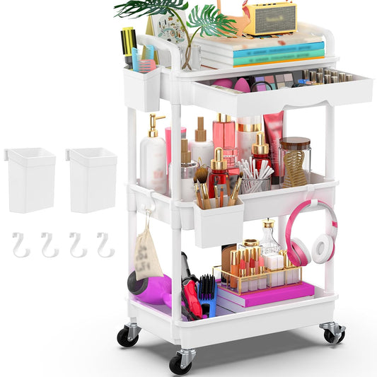 3 Tier Rolling Utility Cart Organizer with Removab... (White | Plastic)
