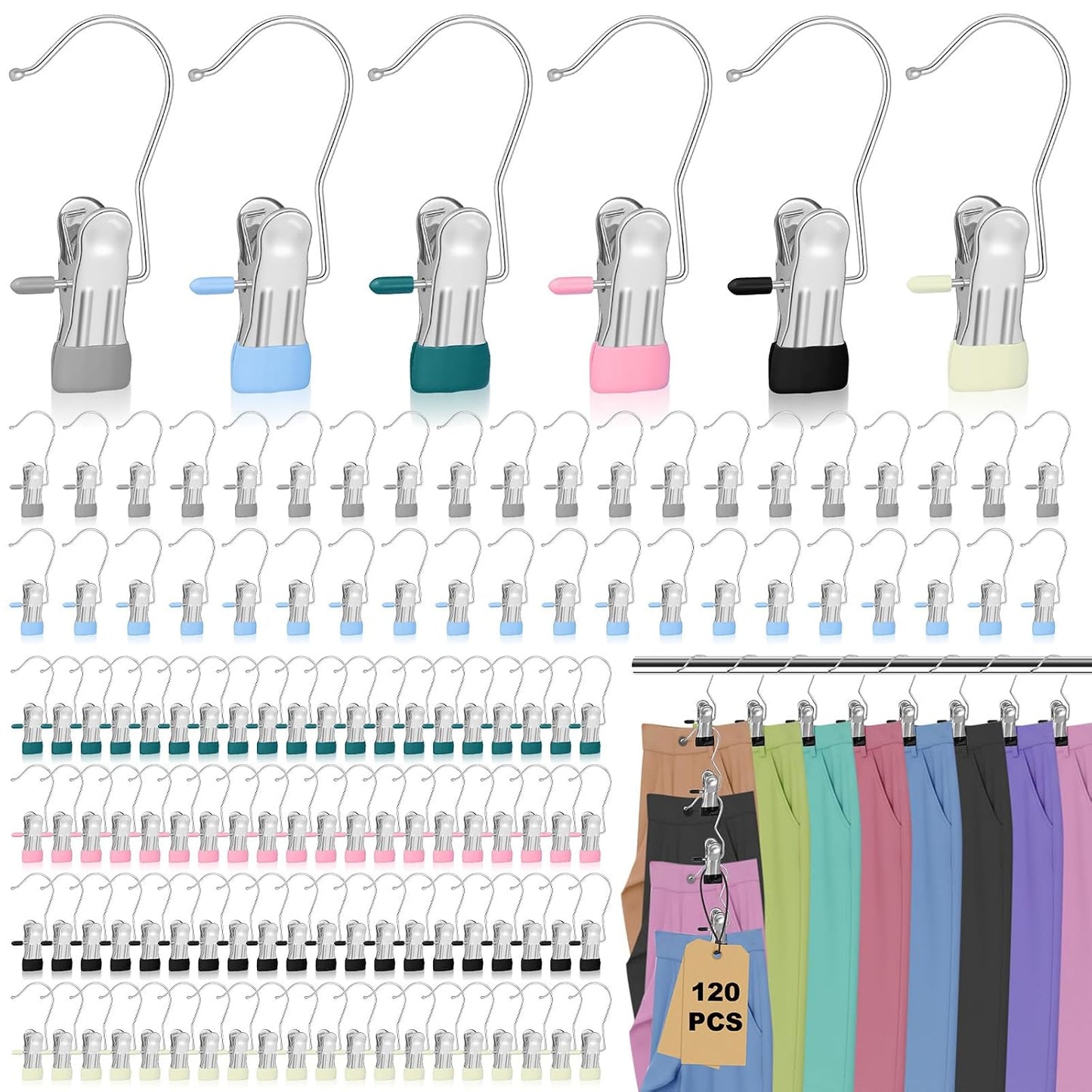 120 Pcs Legging Organizer for Closet Hanging - Stainless Steel Jeans Hangers with Clips, Multi-Purpose Skirt Hangers with Clips for Pants, Shorts, Towels, Boots Storage and Space Saving Solution
