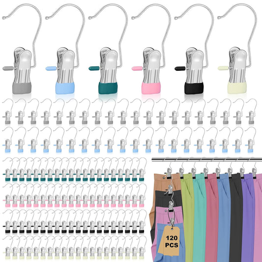 120 Pcs Legging Organizer for Closet Hanging - Stainless Steel Jeans Hangers with Clips, Multi-Purpose Skirt Hangers with Clips for Pants, Shorts, Towels, Boots Storage and Space Saving Solution