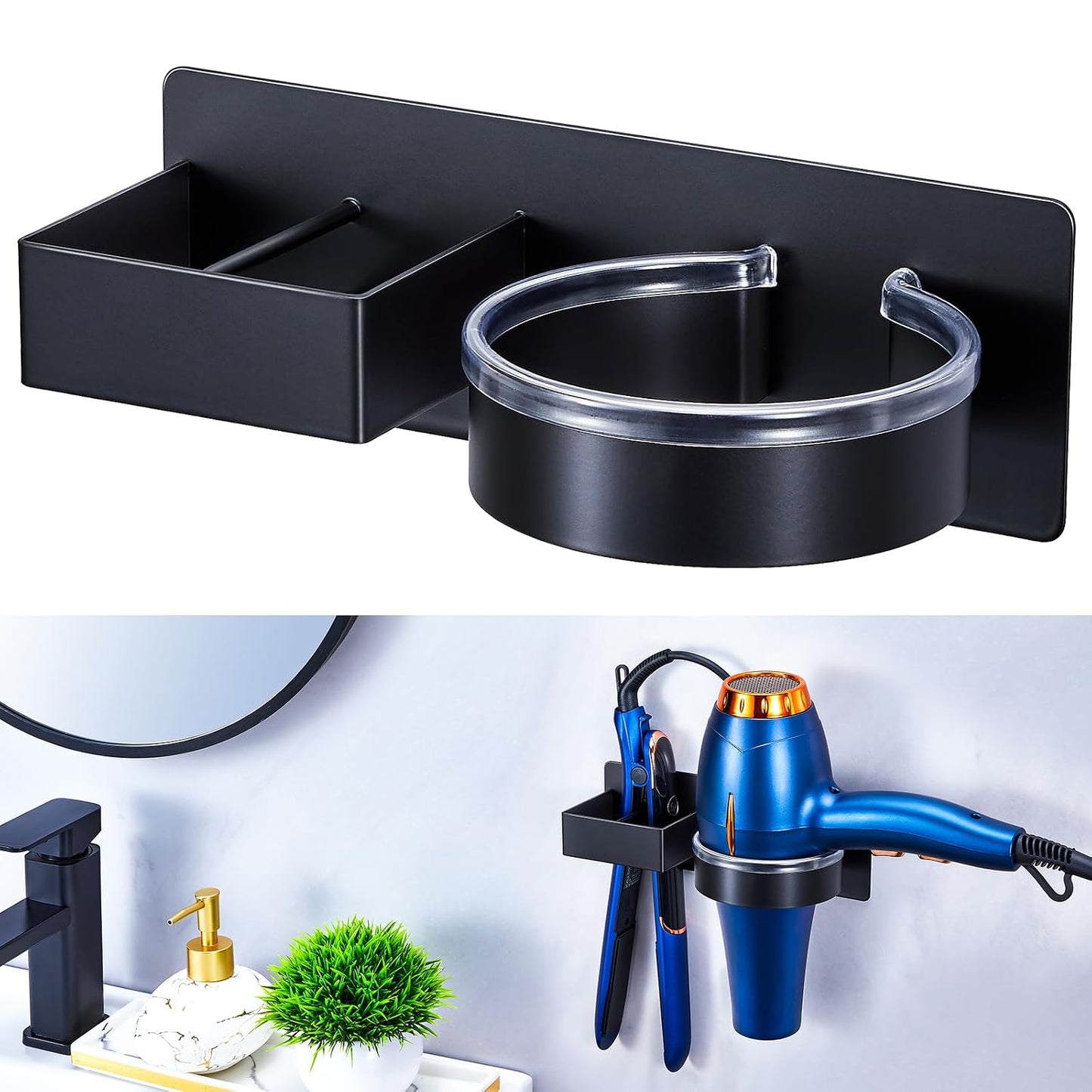 Hair Straightener Holder Wall, Blow Dryer Holder Wall Mounted Hairdryer Holder for Bathroom, Hair Tools Organizer & Storage Curling Iron Holder, Salon Hair Dryer Holder (Black)