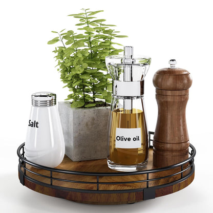 9-Inch Farmhouse Oak Lazy Susan Cabinet Organizer, Walnut Finish | Smooth rotating oak tray with walnut finish for dining tables, kitchen counters, pantries and cabinet storage.