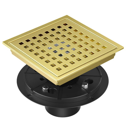EXF Square Shower Drain Brushed Gold 6-Inch with ABS Flange, Hair Catcher | 304 Stainless Steel, Removable Grid Grate, Anti-Clog, Anti-Rust, Easy Clean, Adjustable Height