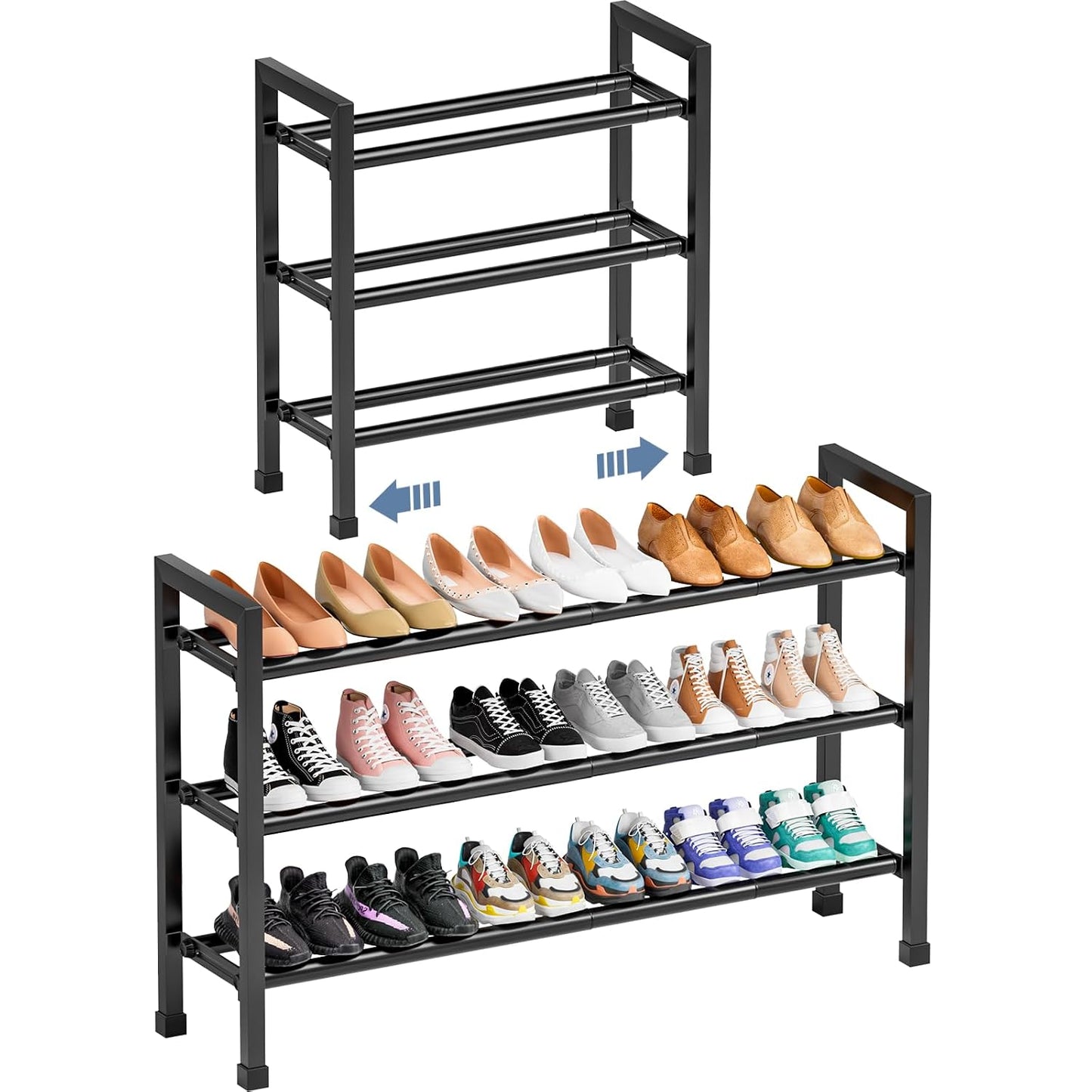 Mavivegue 19“- 43” Adjustable Shoe Rack, 3 Adjustable Length, 3 Tier Expandable Shoe Rack for Closet, Entryway, Shoe Shelf, Black