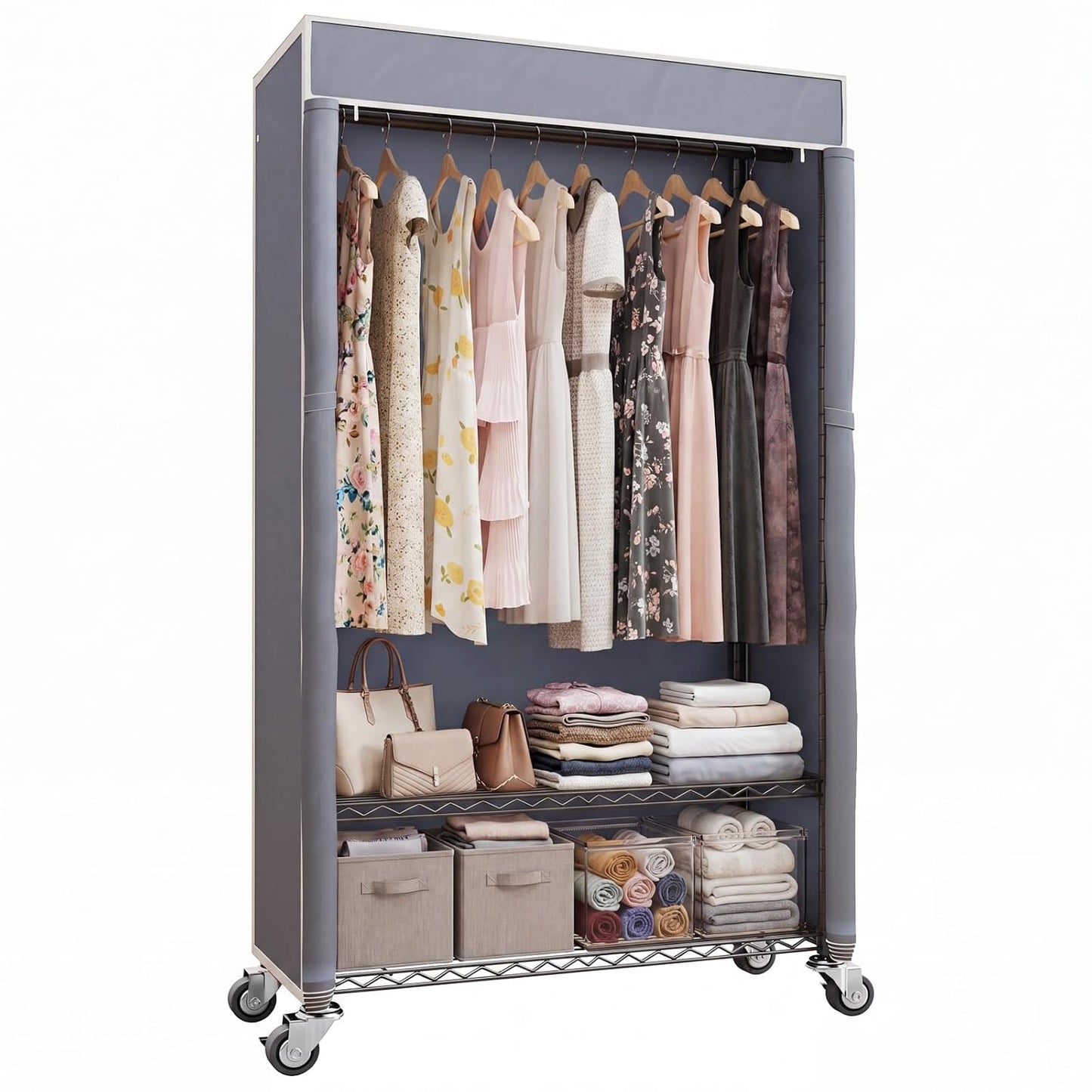 Higeego H4 Heavy Duty Clothes Rack, Black Clothing Rack with Grey Cover | Rolling Clothes Rack with Cover, Garment Rack on Wheels, Portable Closet for Hanging Clothes, Max Load 380LBS