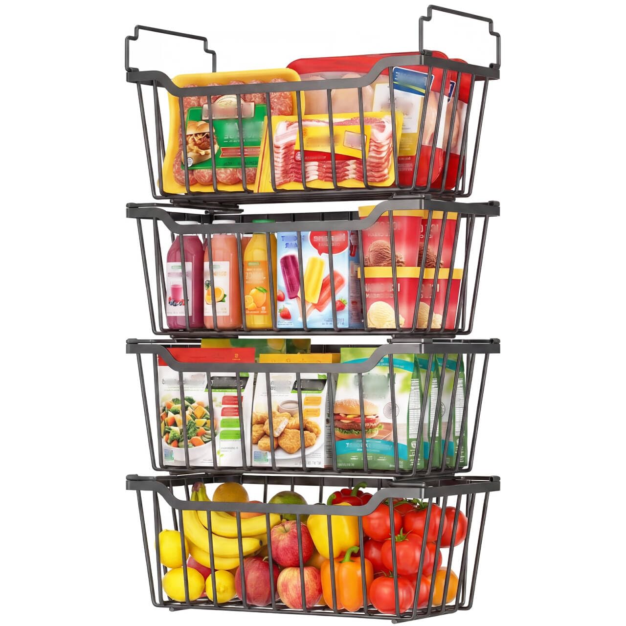 Freezer Organizer Bins for 3.5-7 Cu.FT Chest Freezer, 4 Pack Black | Foldable Handle Stackable Freezer Baskets, Coated Metal Freezer Storage Bins with Better Space Utilization, Deep Organization