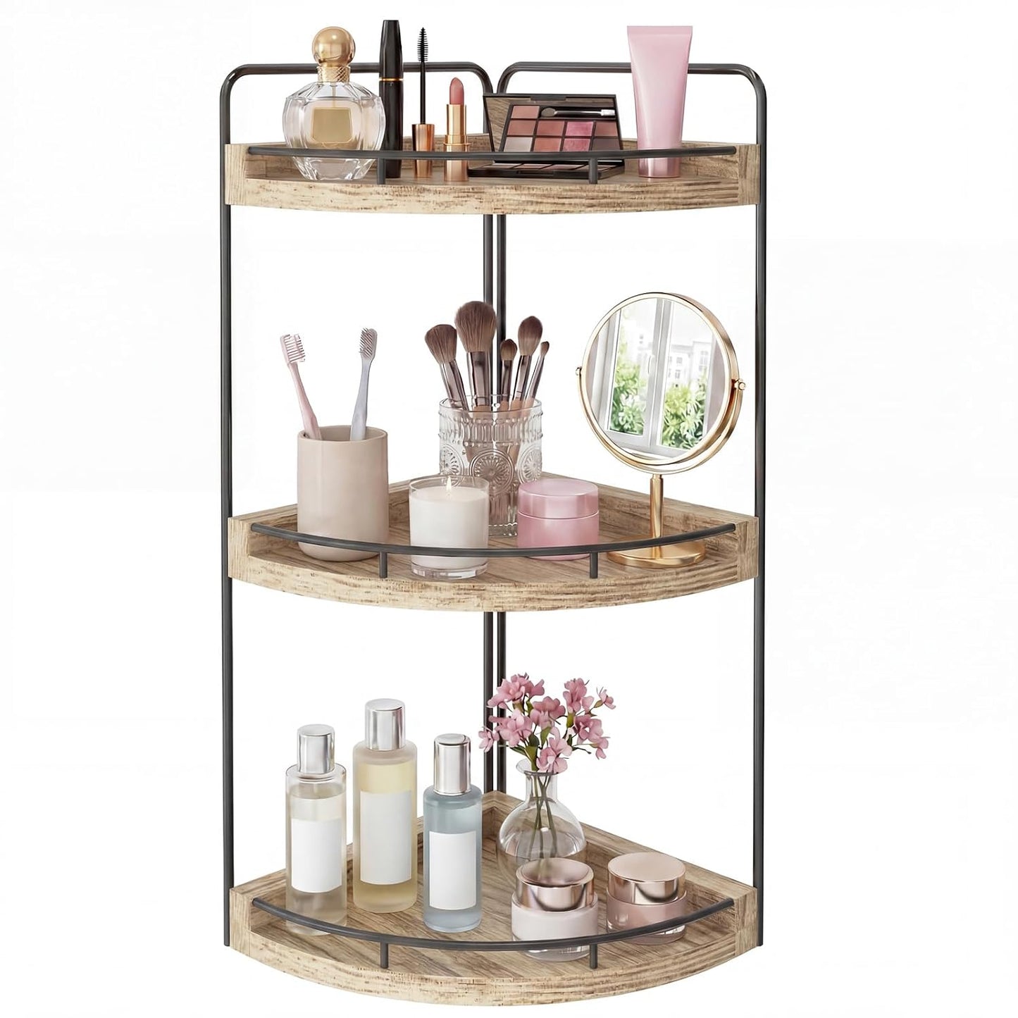 Fixwal 3 Tier Corner Bathroom Countertop Organizer Vanity Shelf Light Brown | Corner Organizer, Rustic Wood Finish, Countertop Storage for Bathroom Essentials, No Install, Compact, Space Saving