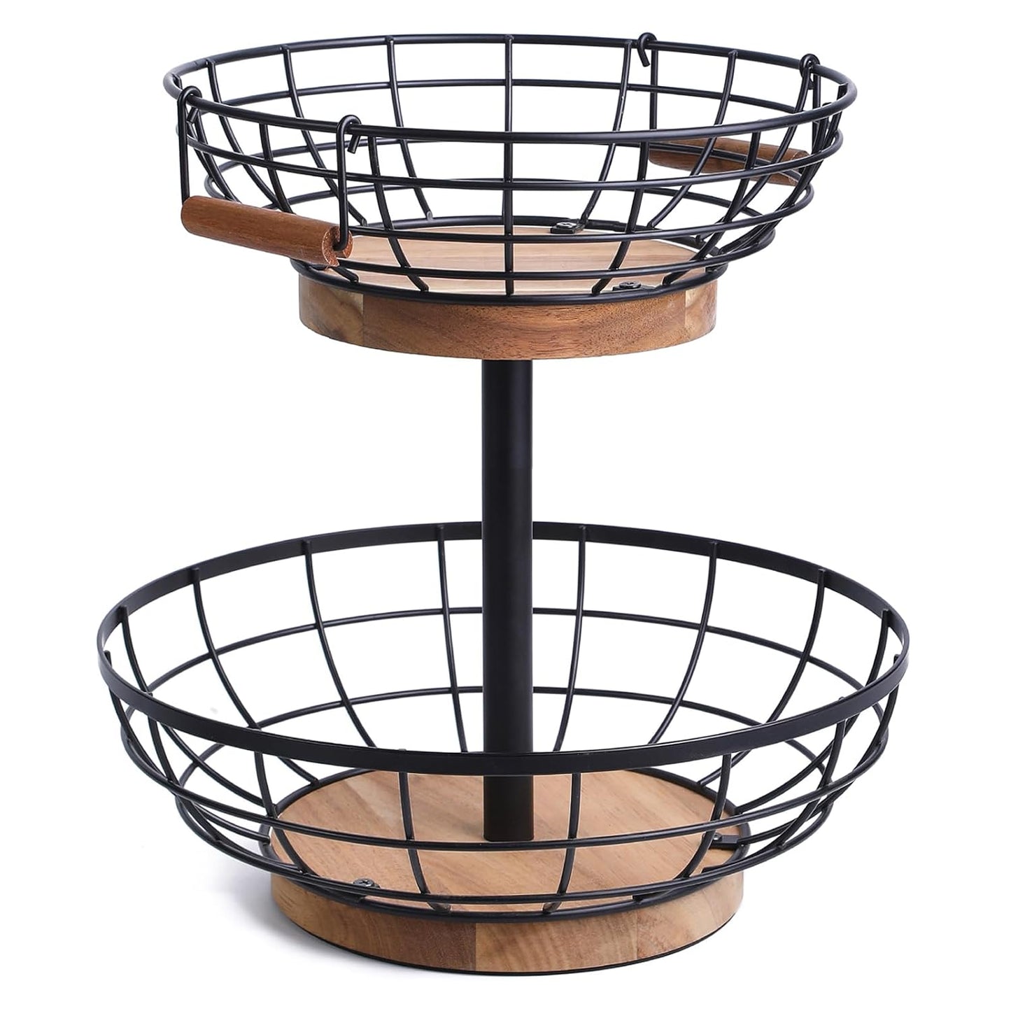 2-tier Fruit Basket Bowl,Metal Basket with Wooden Base,Fruit and Vegetable Storage with Banana Hanger,Fruit Basket for Kitchen Counter Organizer.