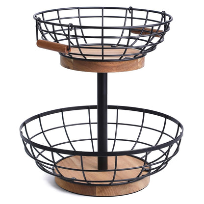 2-tier Fruit Basket Bowl,Metal Basket with Wooden Base,Fruit and Vegetable Storage with Banana Hanger,Fruit Basket for Kitchen Counter Organizer.