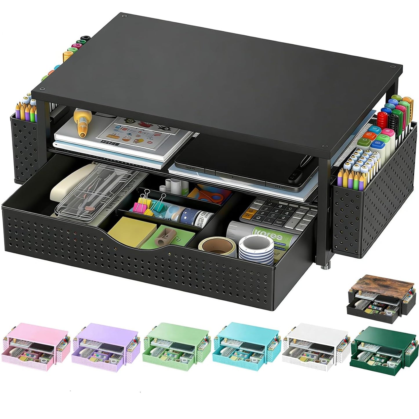 Desk Organizer and Accessories, Computer Monitor Stand Riser with Drawer and 2 Pen Holders, Office Desk Accessories & Workspace Organizers for Office Supplies (Black)