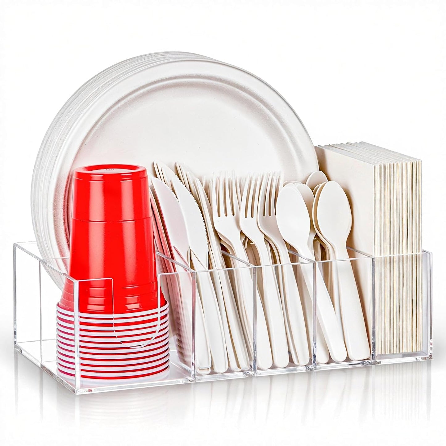 Acrylic Paper Plate Organizer for Countertop, Silverware Caddy for Cups, Napkins, Paper Plate and Utensil Holder, Cutlery Caddy for Party, Camping, Picnic