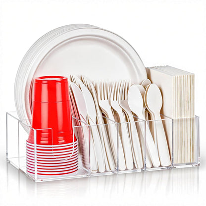 Acrylic Paper Plate Organizer for Countertop, Silverware Caddy for Cups, Napkins, Paper Plate and Utensil Holder, Cutlery Caddy for Party, Camping, Picnic