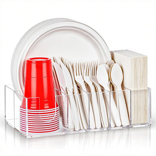 Acrylic Paper Plate Organizer for Countertop, Silverware Caddy for Cups, Napkins, Paper Plate and Utensil Holder, Cutlery Caddy for Party, Camping, Picnic