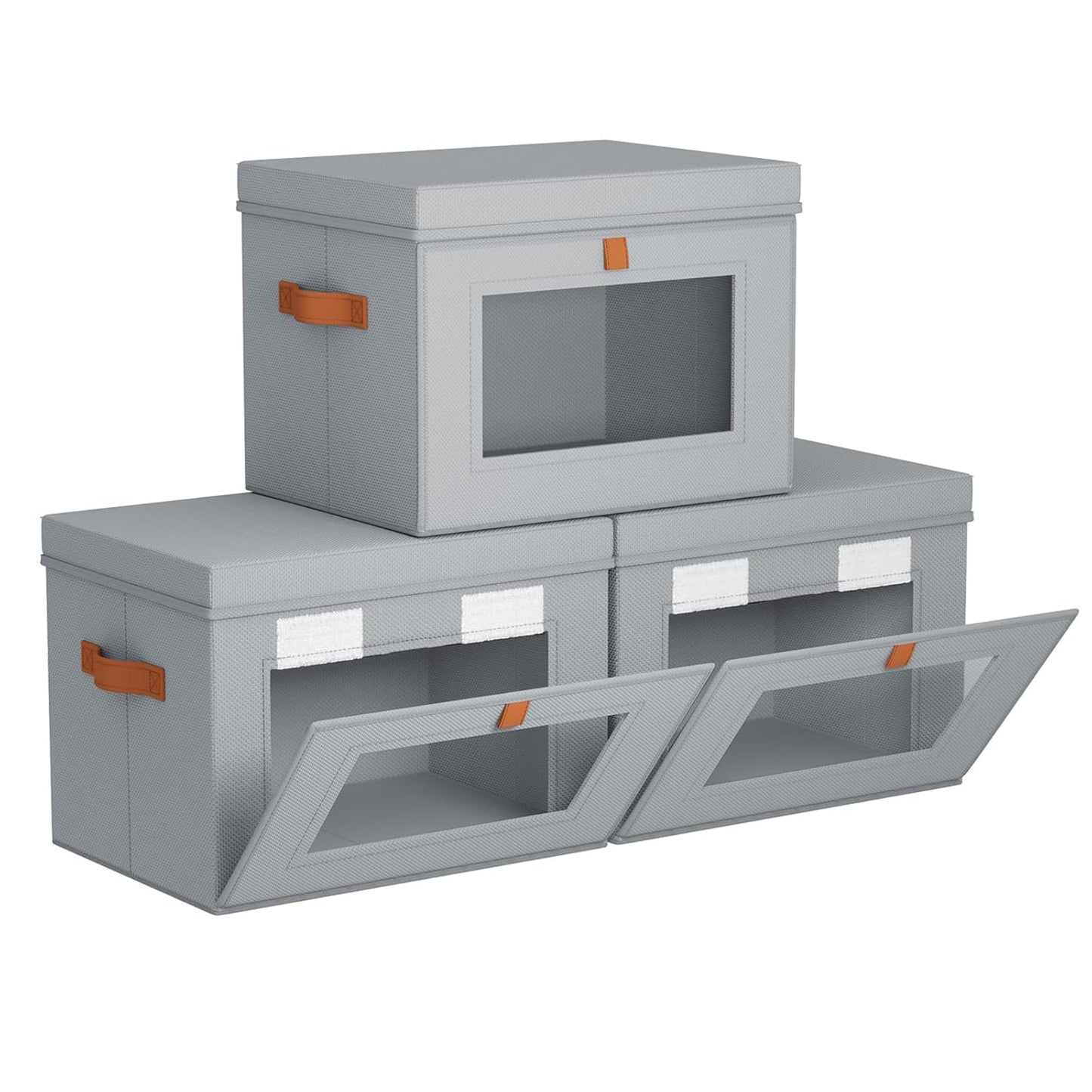 Storage Bins with Lids - Front Opening Storage Box with Clear Window & Handles, Stackable Foldable Fabric Bins for Closet Organization, Clothes, Sweaters, Towels, Blankets, 3 Pack, Grey
