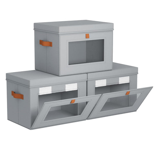 Storage Bins with Lids - Front Opening Storage Box with Clear Window & Handles, Stackable Foldable Fabric Bins for Closet Organization, Clothes, Sweaters, Towels, Blankets, 3 Pack, Grey