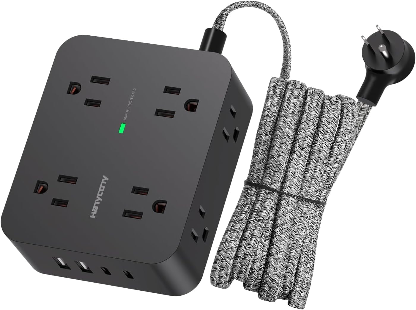 HANYCONY Surge Protector Power Strip, 1080J, 5 Ft Braided Extension Cord | 8 Outlets 4 USB Ports(2 USB C), Outlet Extender, Flat Plug, Wall Mount, Desk Charging Station, Home Office, Dorm Room ETL