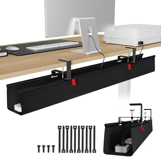 KEEGH Extra Large No Drill Under Desk Cable Management Tray 48 in, Black | Clamp/Screw Mount, Supports Up to 70lbs, Fabric Wire Management Cable Raceways, Cord Hiders, Cord Management for Office/Home