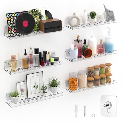 LAZYROSY 6 Pack Floating Shelves - Clear Acrylic/PET Wall Mounted Non-Drilling Storage Rack with Adhesive, Invisible Bathroom and Bedroom Shelves for Kitchen, Living Room, Clear Decoration