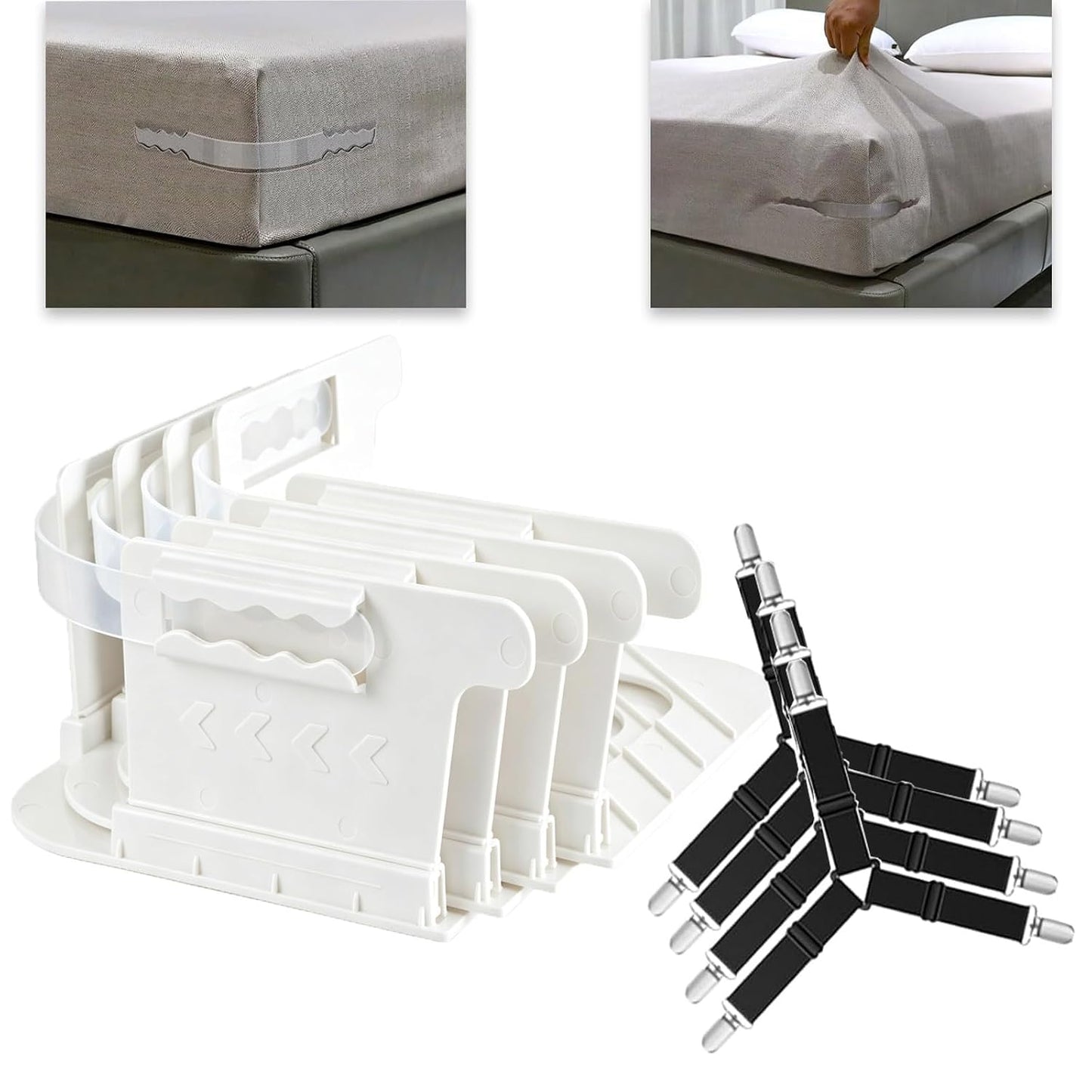 No-Lift Bed Sheet Holders for Thick Mattresses, 8PcsTriangle Sheet Straps Keep Sheets in Place All Night, Upgraded Mattress Clips with Fabric-Safe Grippers, Fitted Sheet Fasteners