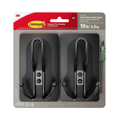 Command X-Large Black Triple Hooks, 2 Hooks, 6 Strips | Heavy Duty, Damage-Free Hanging with Adhesive Strips, No Tools Wall Hook for Hanging Decorations, Holds up to 10 lb
