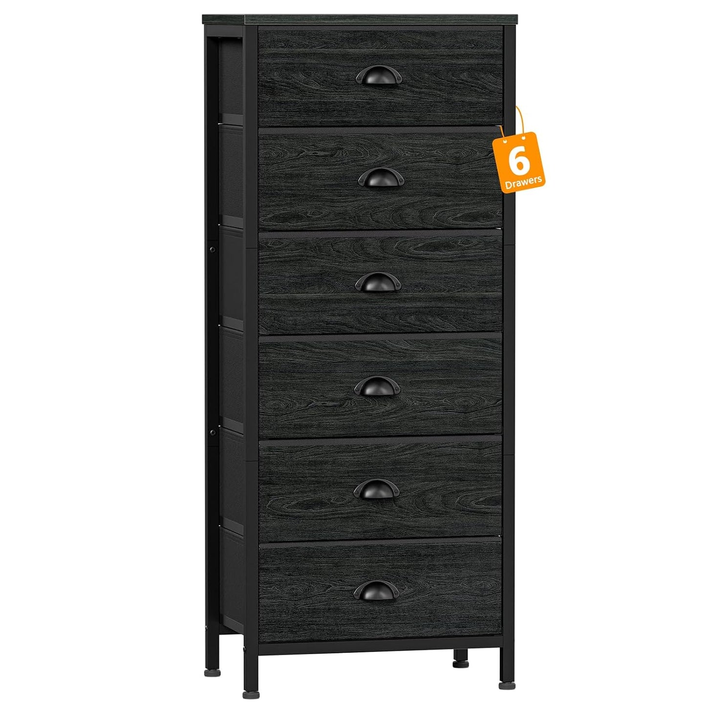 Black Dresser for Bedroom, Tall Fabric Chest of Drawers | Bedroom Dresser with 6 Fabric Bins, Vertical Storage Drawer for Dorm, Organizer in Closet, Living Room, Wood Top, Metal Frame