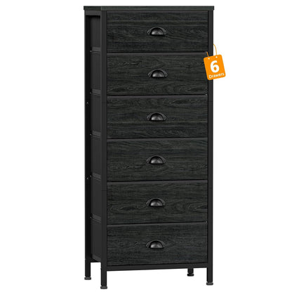 Black Dresser for Bedroom, Tall Fabric Chest of Drawers | Bedroom Dresser with 6 Fabric Bins, Vertical Storage Drawer for Dorm, Organizer in Closet, Living Room, Wood Top, Metal Frame