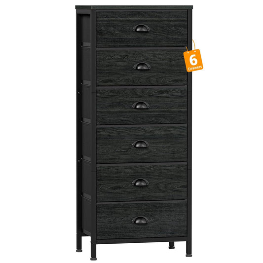 Black Dresser for Bedroom, Tall Fabric Chest of Drawers | Bedroom Dresser with 6 Fabric Bins, Vertical Storage Drawer for Dorm, Organizer in Closet, Living Room, Wood Top, Metal Frame